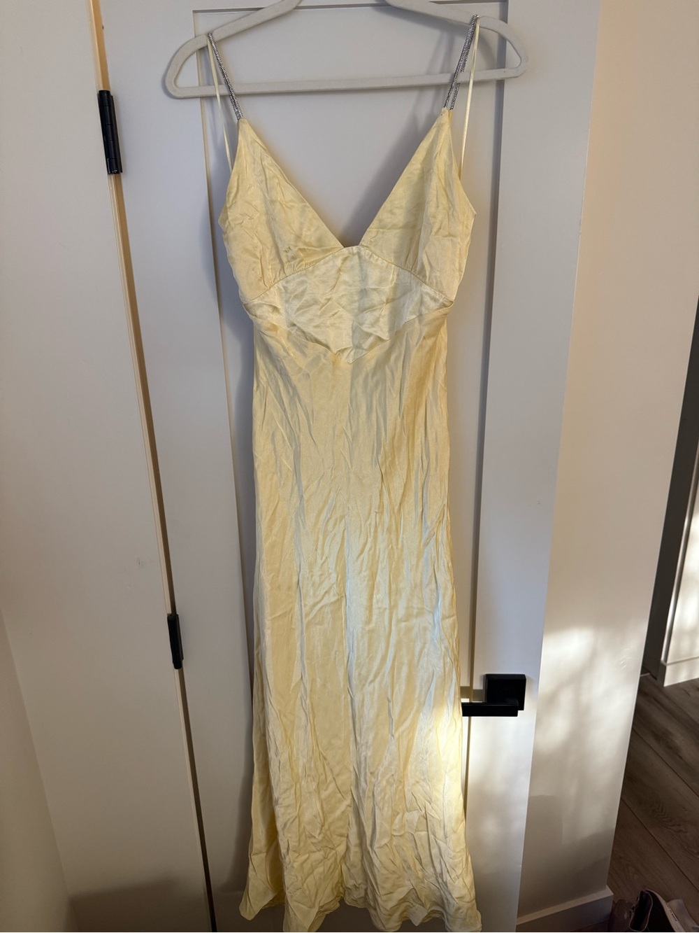 Bardot Pale Yellow Satin Maxi Slip Dress with Chain Straps